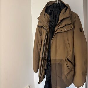 Mackage EDWARD-NFR 2-in-1 down coat with removable hooded bib for men in brownXL